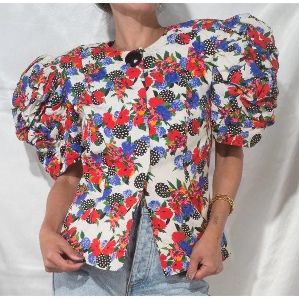 Vtg. Raul Blanco Sz. 4 100% Silk 2 Piece Floral/Polka Dot Set Exaggerated Sleeve - Picture 2 of 12